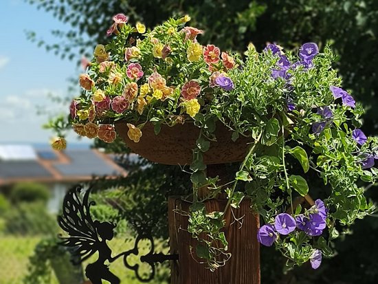 Eine rustikale Holz-Gartenstange mit einem üppigen Blumenkorb oben drauf, gefüllt mit bunten Sommerblumen. An der Seite ist eine schwarze Metall-Silhouette einer fliegenden Fee angebracht.