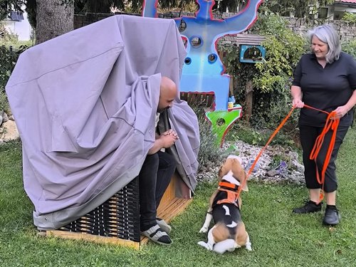 Eine Person sitzt in einem Korbstuhl, der fast vollständig mit einer grauen Plane abgedeckt ist. Ein Beagle an einer orangen Leine schaut neugierig auf die verdeckte Gestalt. Eine Frau steht rechts im Bild und hält die Leine fest. Im Hintergrund ist eine bunte, abstrakte Skulptur auf einer Wiese zu sehen.